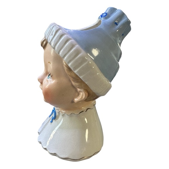Vintage Ceramic Head Vase Smiling Baby Boy w/ Dimples and Blue Hat - Picture 5 of 8